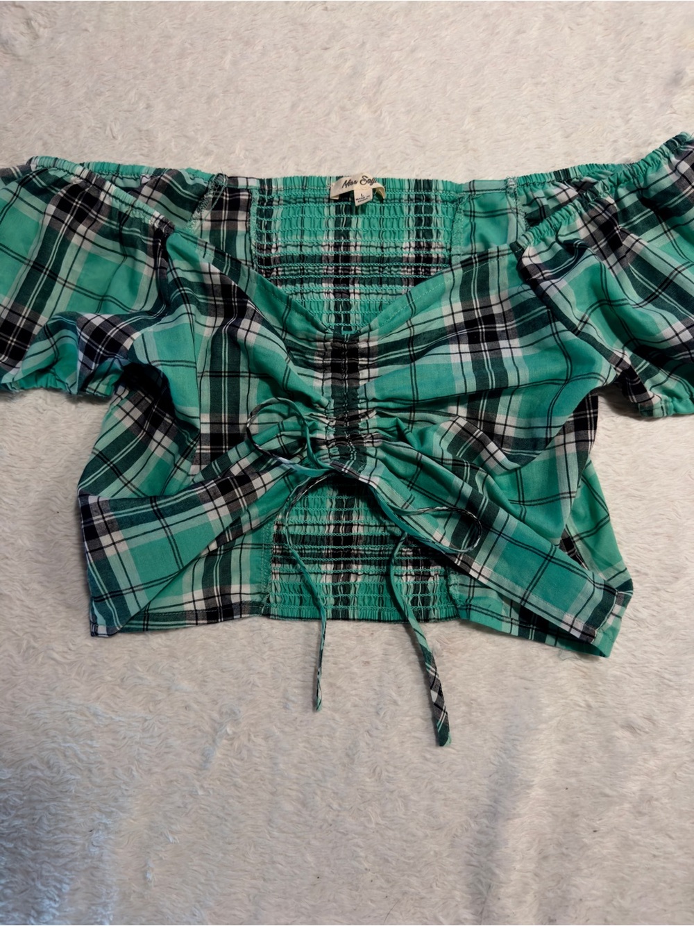 Green Plaid Off-Shoulder Ruched Crop Top